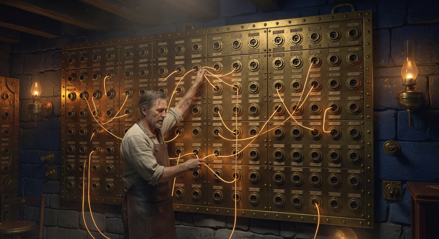 An ornate brass speaking-tube switchboard mounted floor-to-ceiling on the stone wall of the Plan Forge shop with dozens of labeled brass plug-ports arranged in a grid, glowing amber patch cords stretched between ports in patterns, a clerk-smith in a leather apron routing connections