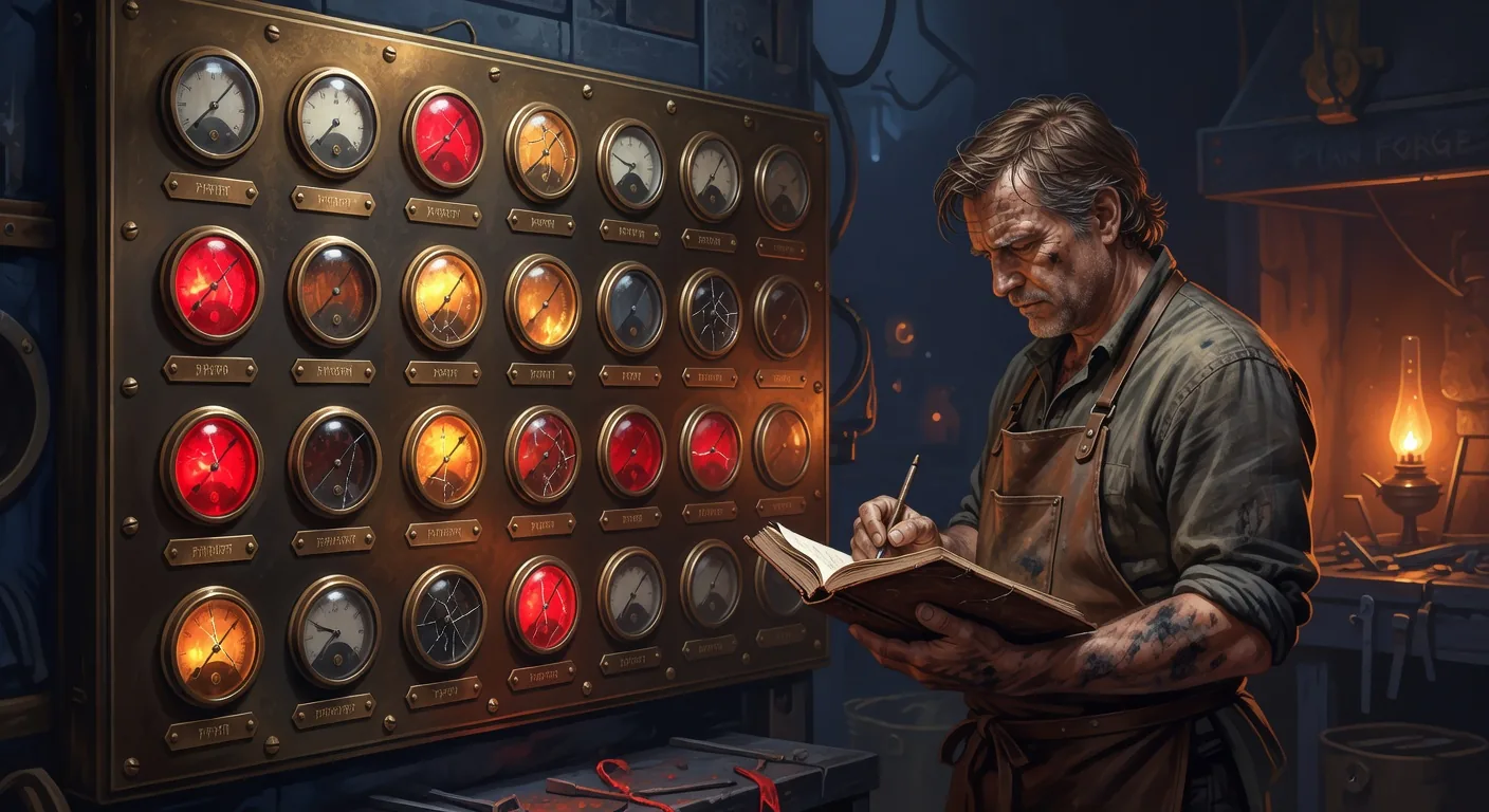 A wall-mounted enchanted alarm panel inside the Plan Forge shop with rows of small round glass dials, some dials glowing red and amber to indicate fault codes triggered, brass labels riveted under each dial, a smith standing beside it jotting fault notes in an open leather logbook