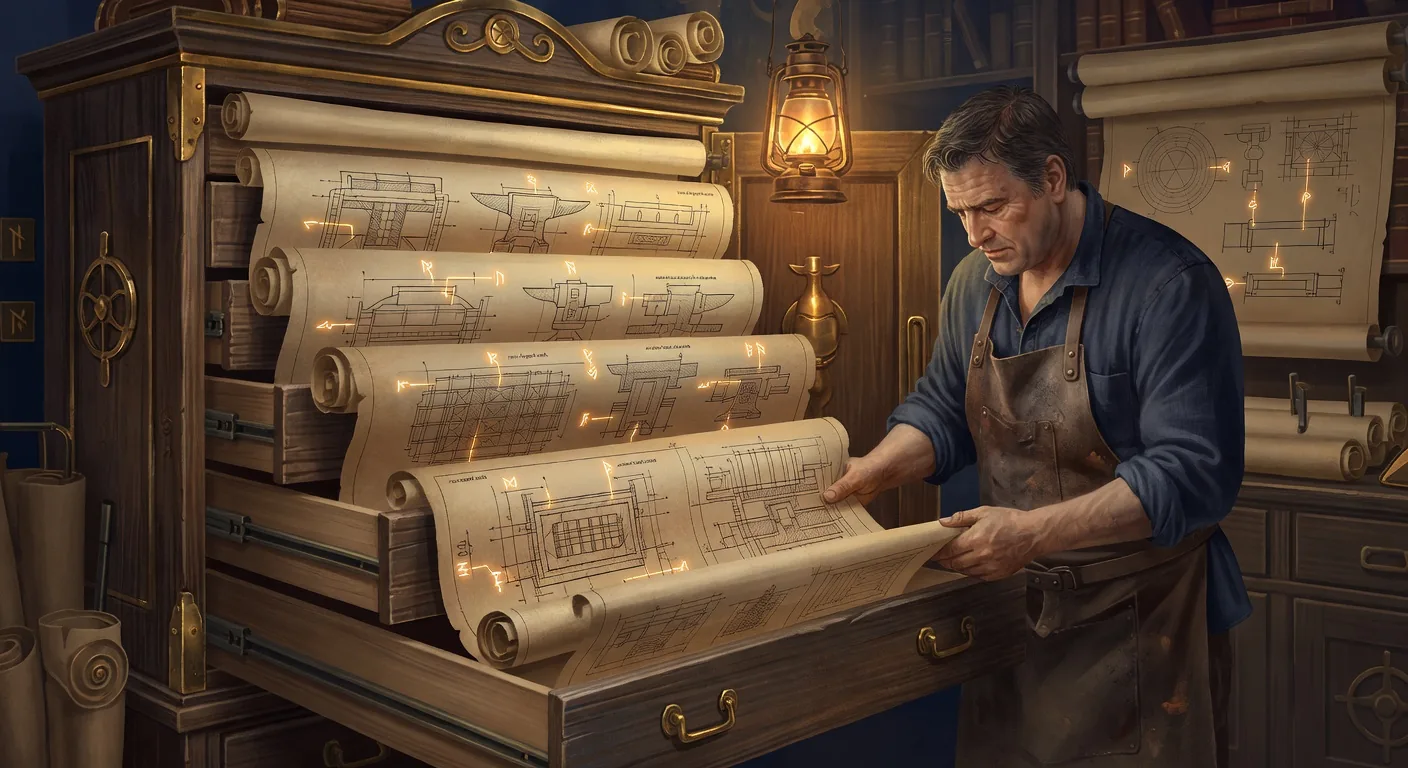 A tall flat-file map cabinet inside the Plan Forge shop with several wide shallow drawers pulled fully open revealing a fan of architectural blueprint scrolls and pattern diagrams, each blueprint depicting a different repeatable forge configuration, glowing amber rune-annotations marking key components, a smith leaning over the drawer studying one