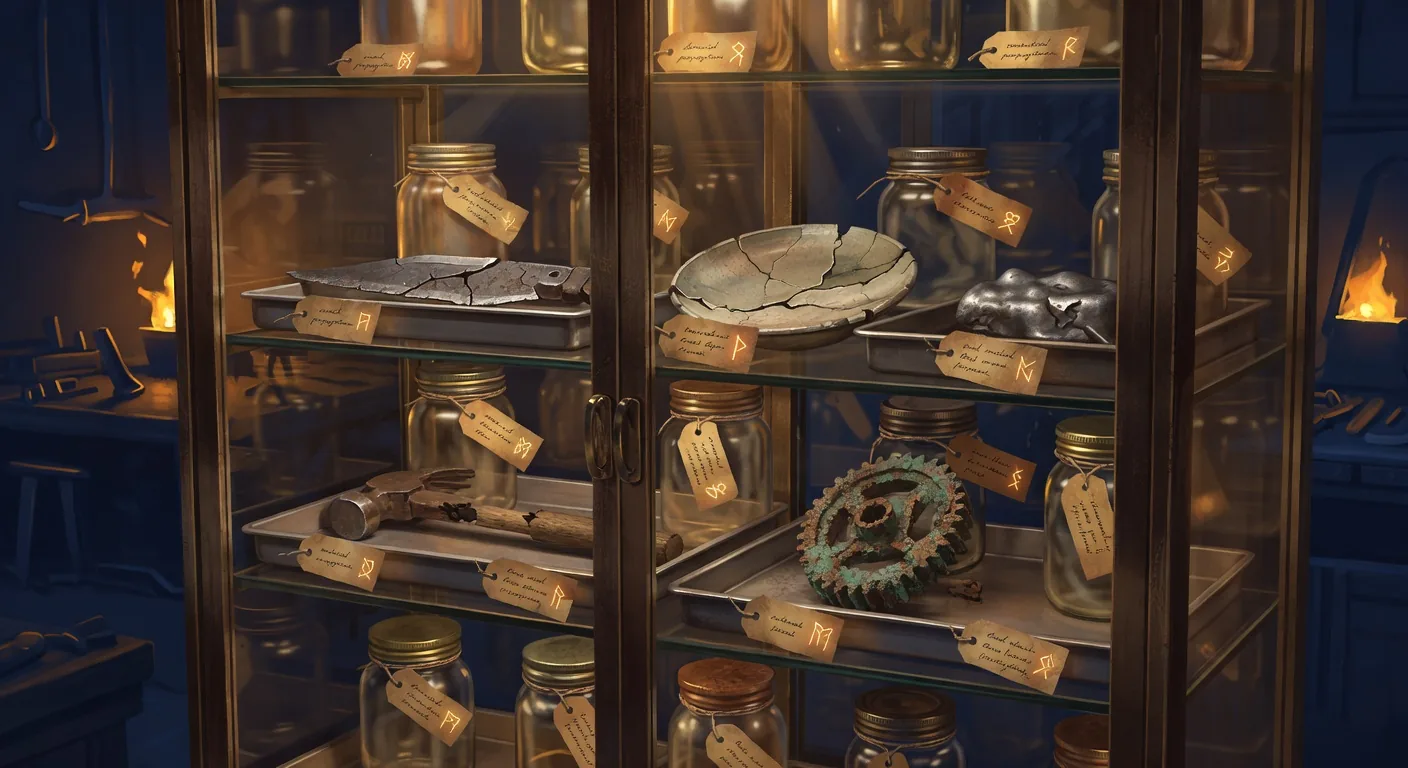 A tall glass-fronted specimen cabinet inside the Plan Forge shop displaying rows of glass jars and shallow trays containing examples of broken or failed work (a cracked iron blade, a warped plate, a melted ingot, a snapped hammer head, a corroded gear), each labeled with a small parchment tag and a glowing amber failure-mode rune
