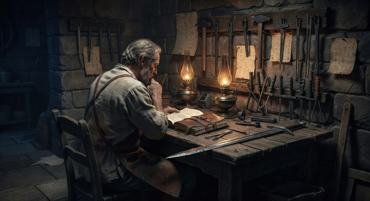 A single craftsman seated at a wooden writing desk tucked into a quiet corner of the Plan Forge shop, a leather-bound notebook open in front of him under an oil lamp, a partially finished sword resting on the desk to his right, stone walls behind him lined with hung tools and pinned rune charts