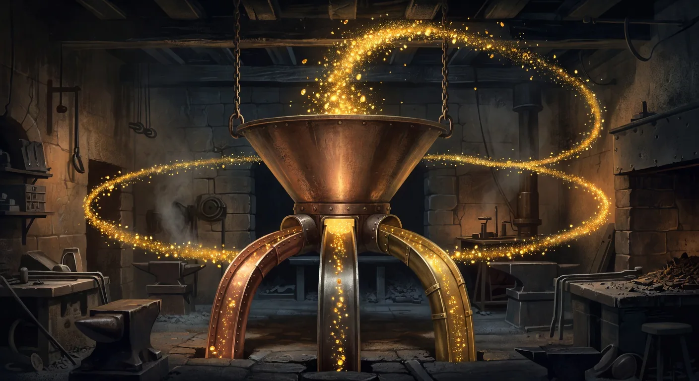 Bronze funnel with glowing amber findings flowing in from above and being routed to three output channels that loop back to the top, the closed-loop audit drain