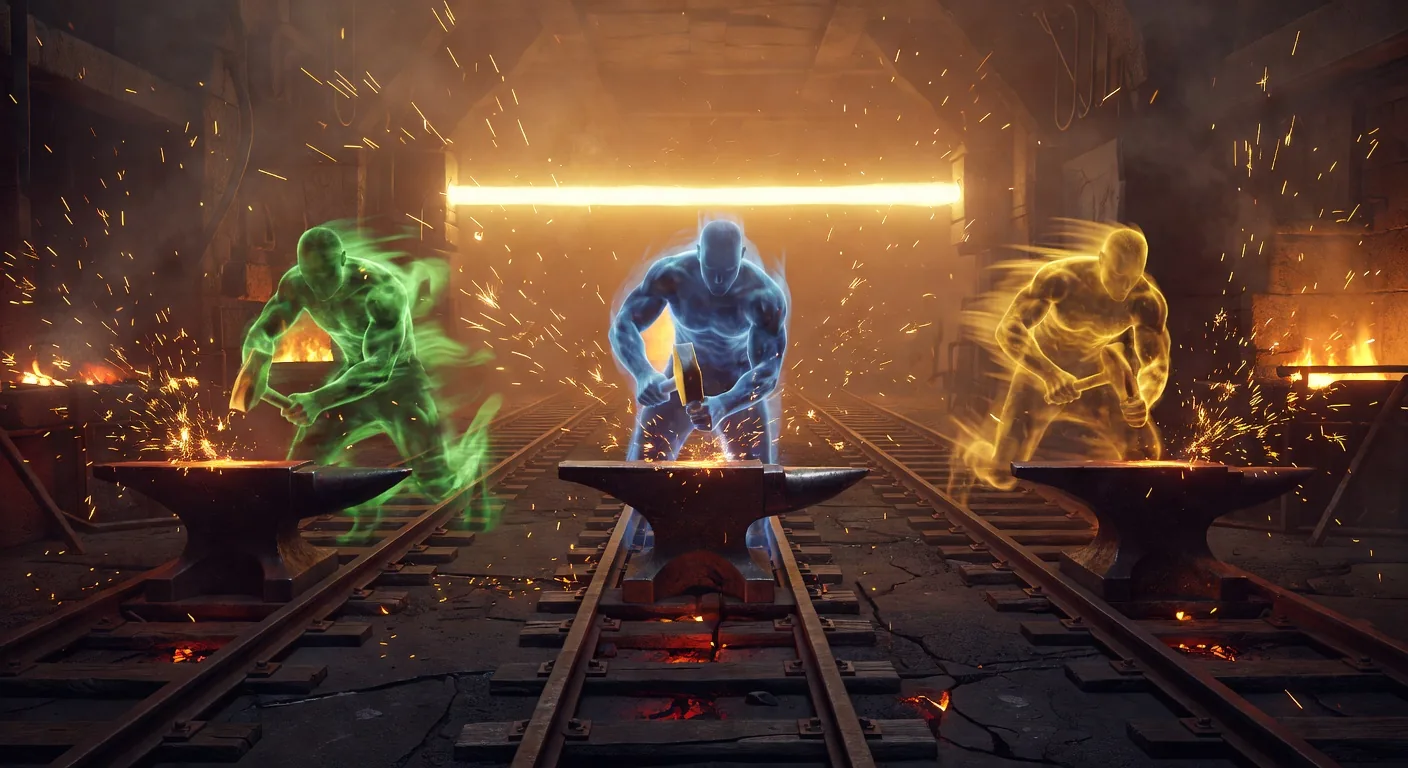 Three blacksmith-spirits (green, blue, gold) racing on parallel forge tracks toward a finish-line beam, worktree races and winner election