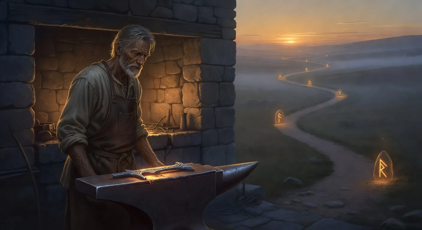 An older blacksmith standing at the cooled Plan Forge anvil at dawn, looking back over his shoulder at a misty winding journey path stretching behind him through hills, the path marked at intervals by faintly glowing amber rune-stones representing past milestones, a finished iron piece on the anvil glowing faintly