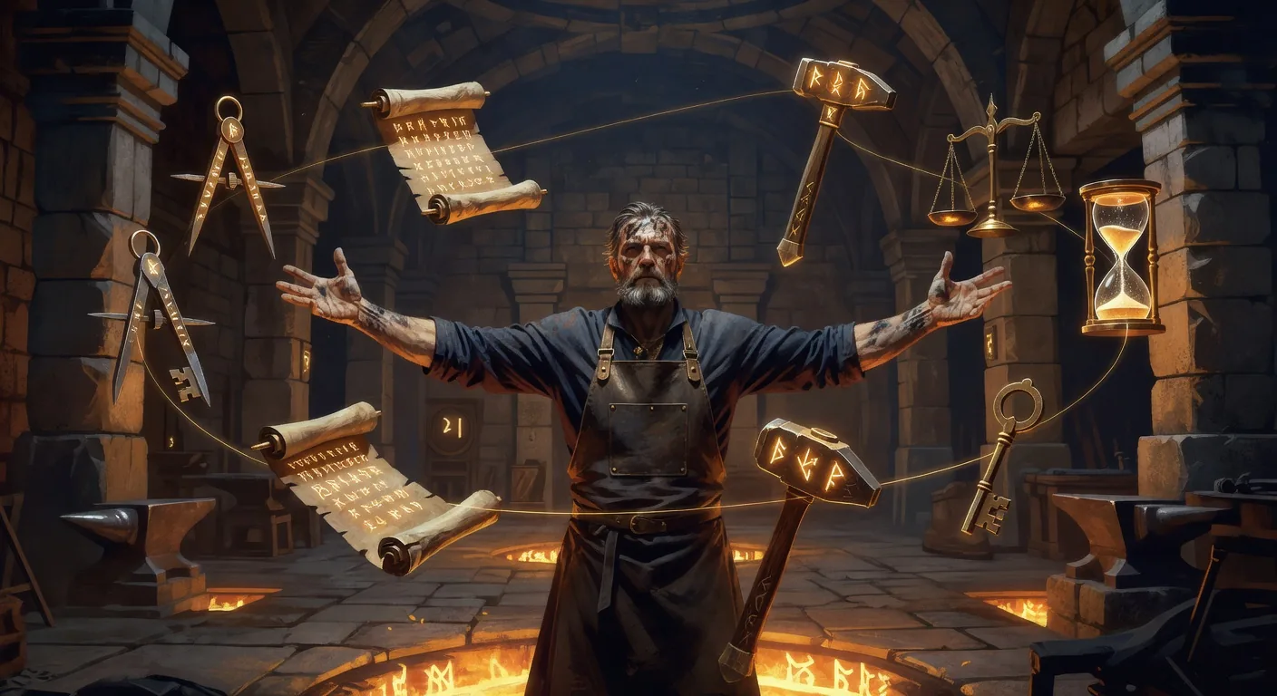 A master smith standing center-stage in the great hall of the Plan Forge shop, arms outstretched as if conducting an orchestra, surrounded by floating glowing rune-tools orbiting at chest height (compass, scroll, hammer, scales, hourglass, key), deep amber light streaming from below