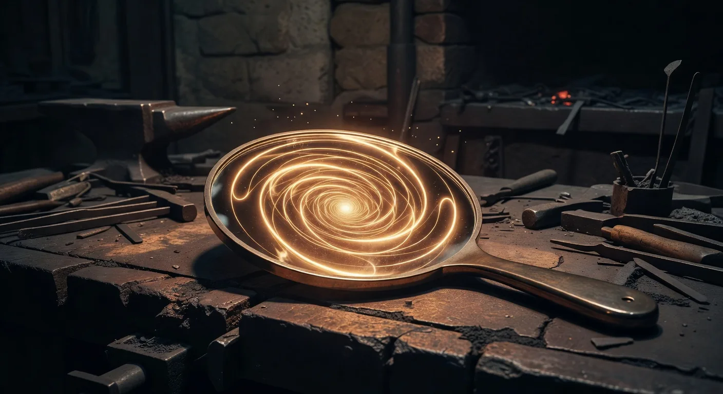 Polished bronze hand-mirror reflecting a glowing amber spiral of feedback loops curving inward to a glowing core, the inner reflection loop