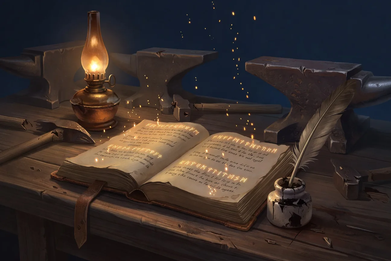 An aged leather-bound tome open on the workbench at the Plan Forge shop, its pages glowing softly with rune annotations and small ember sparks rising upward from each lesson, a quill resting in an inkwell beside it, broken hammers and dented anvils visible in the dim background as evidence of past mistakes
