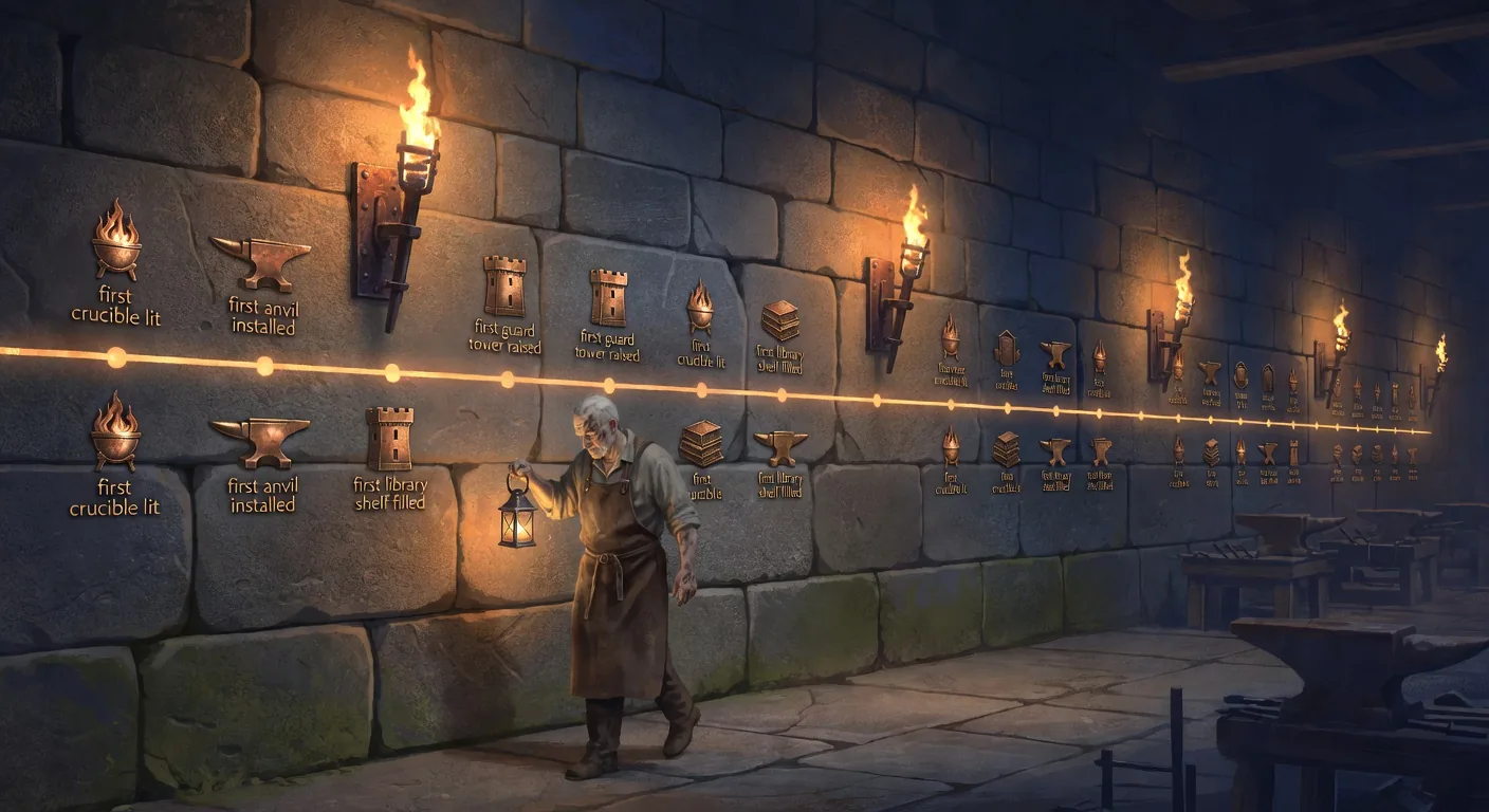 A long stone wall inside the Plan Forge shop engraved with a glowing amber timeline running left to right at chest height, marked at intervals by small bronze relief icons representing project milestones (first crucible lit, first anvil, first guard tower, first library shelf), iron torches in wall sconces, a single smith with a lantern walking the wall reading the engravings
