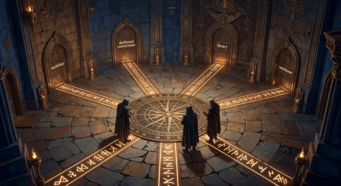 A flagstone floor at the great entrance hall of the Plan Forge shop, five glowing amber rune-paths radiating outward from a central engraved compass-rose, each path leading to a different doorway (workshop, dashboard control room, library, watchtower, factory floor), three cloaked travelers pausing at the junction to choose their path