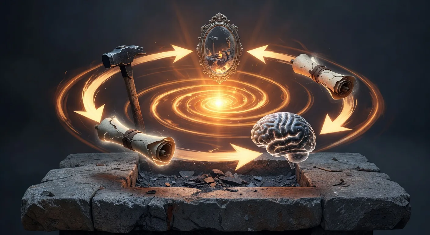 Circular feedback flow with amber arrows curving between hammer, mirror, scroll, and brain totems converging on a central glowing core, the self-deterministic agent loop
