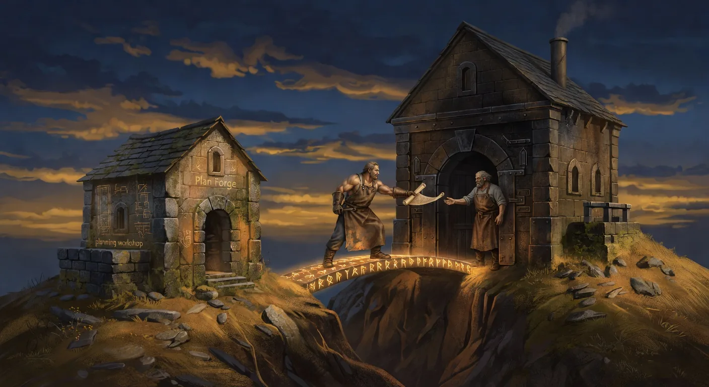 Two stone forge buildings standing side by side on a hill, a smaller satellite forge on the left and a larger Plan Forge shop on the right, a smith on a glowing amber rune-bridge connecting them handing a rolled blueprint scroll across the gap to another smith waiting at the larger forge's threshold, twilight sky behind