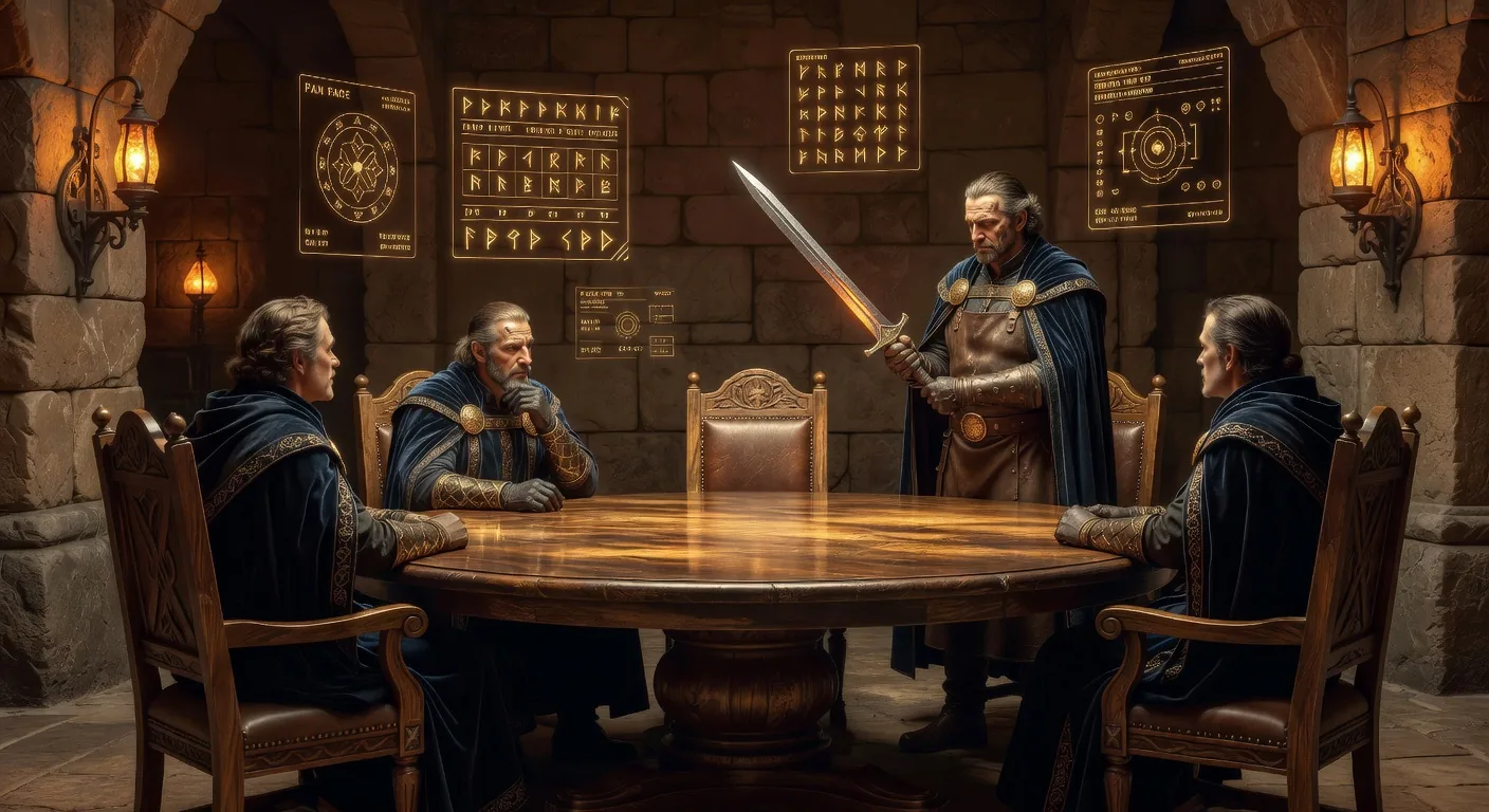 An executive briefing chamber inside the Plan Forge shop, a single round oak table with four chairs, a master smith standing and holding up a finished glowing iron blade to present to three seated figures in fine merchant cloaks, projected glowing rune-charts of metrics floating above the table