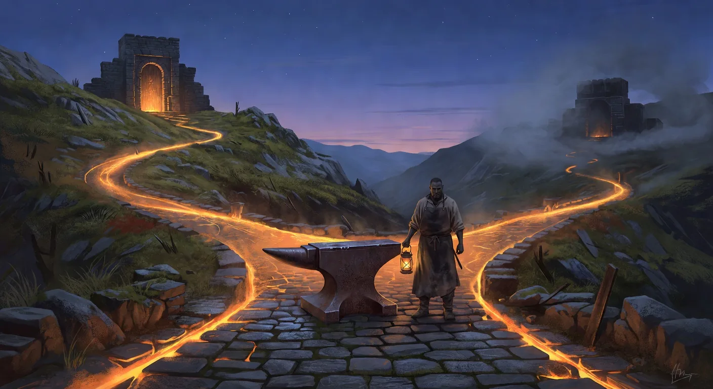 Stone forge crossroads at twilight with two diverging glowing amber paths, GitHub upstream vs sibling clone