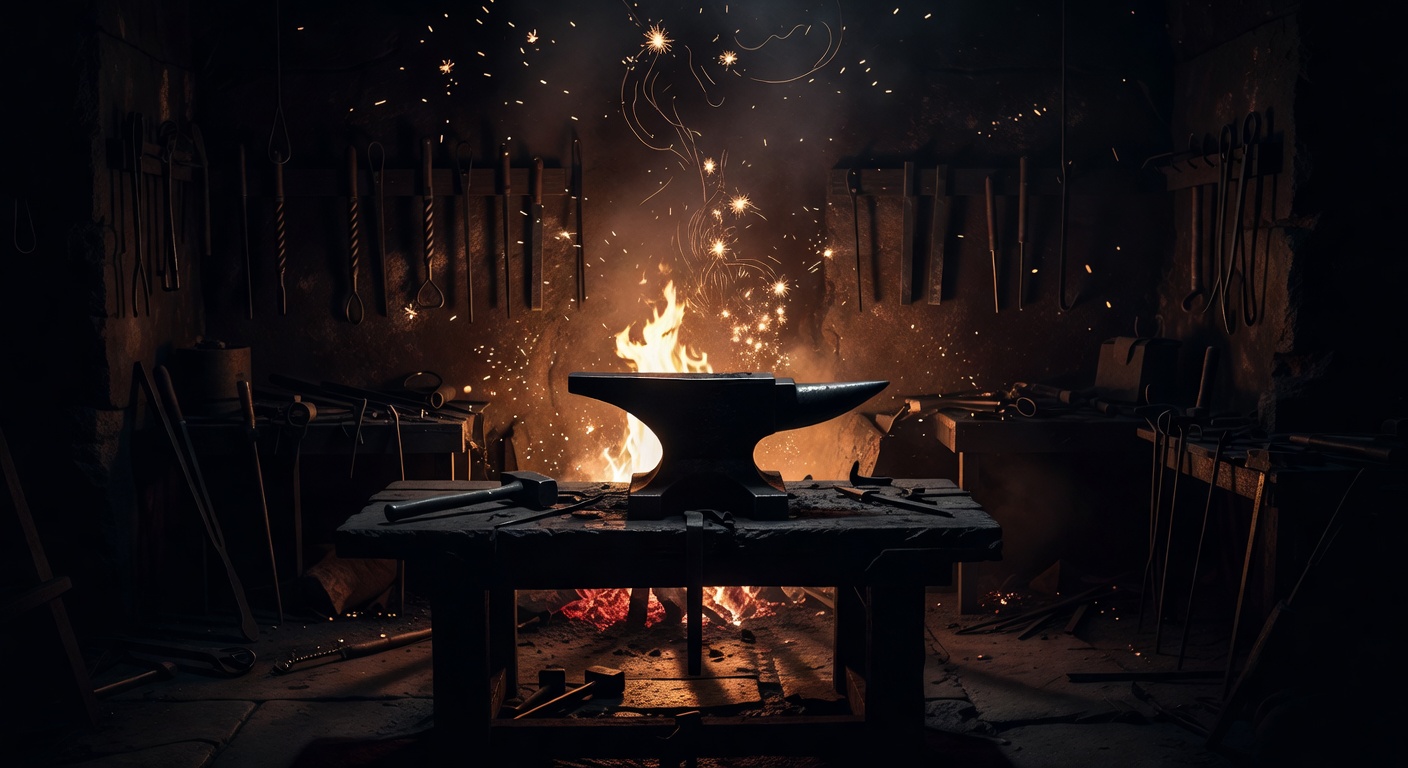 A forge workshop — anvil, glowing metal, sparks, tools on wall