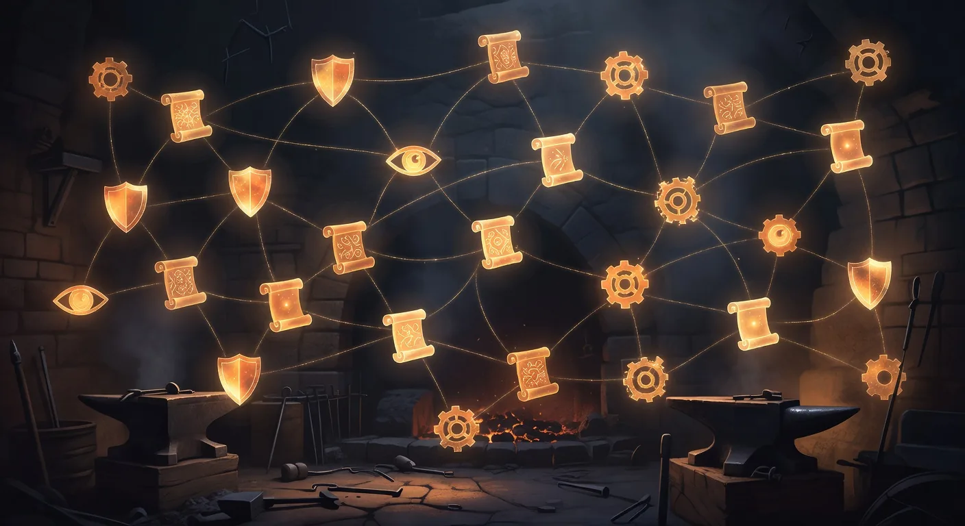 Constellation of glowing amber instruction-rule nodes interconnected by threads of light, auto-loading guardrails activating in context