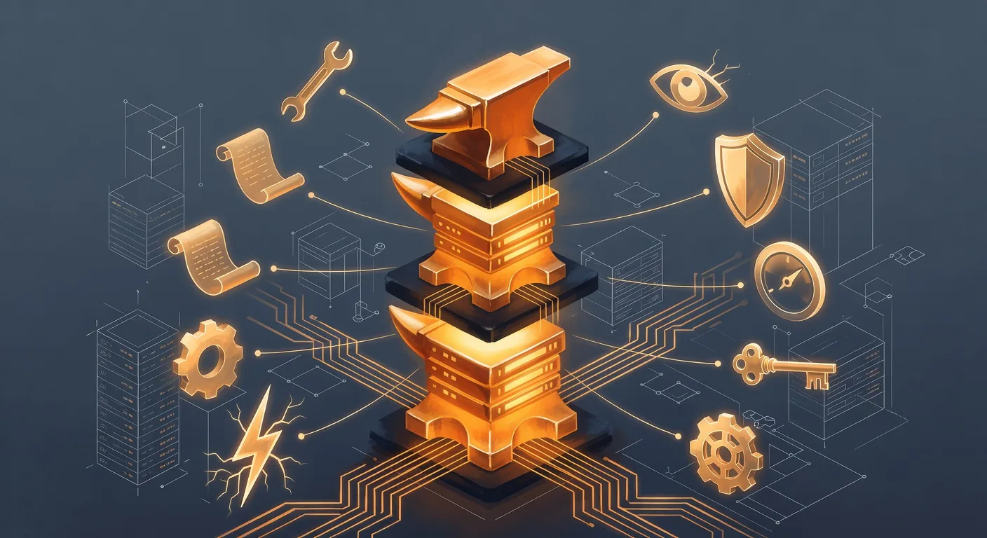 Isometric server architecture as stacked amber tower-anvils radiating tool icons connected by data streams