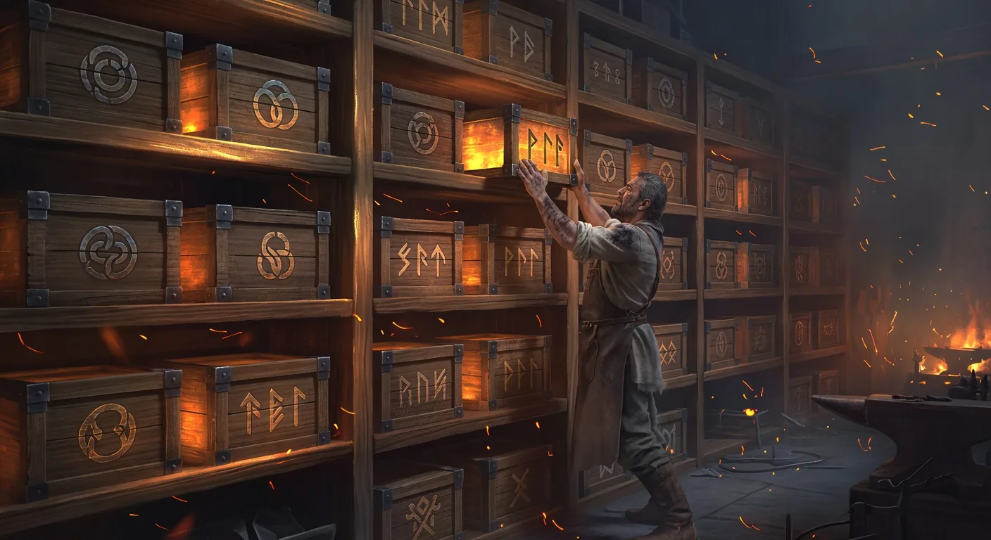 Marketplace shelves in a forge workshop holding glowing amber crate-boxes with abstract guild symbols, the extensions catalog