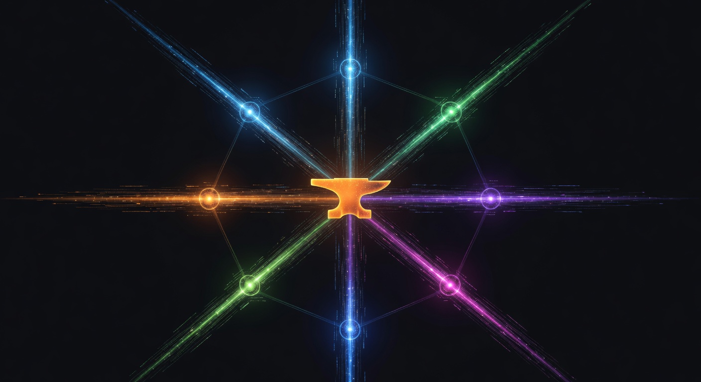 Network of 7 AI tool nodes connected to a central amber anvil