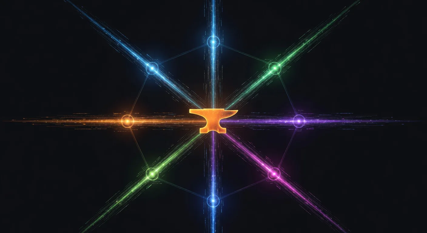 Network of 7 AI tool nodes connected to a central amber anvil