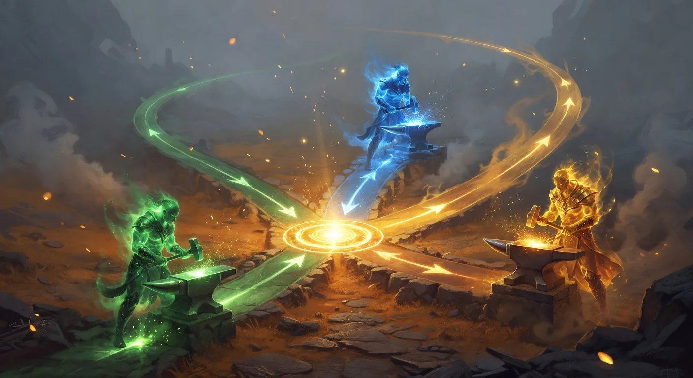Three model-spirit blacksmiths (green, blue, gold) on diverging escalation paths converging on a central decision node, multi-model quorum and routing