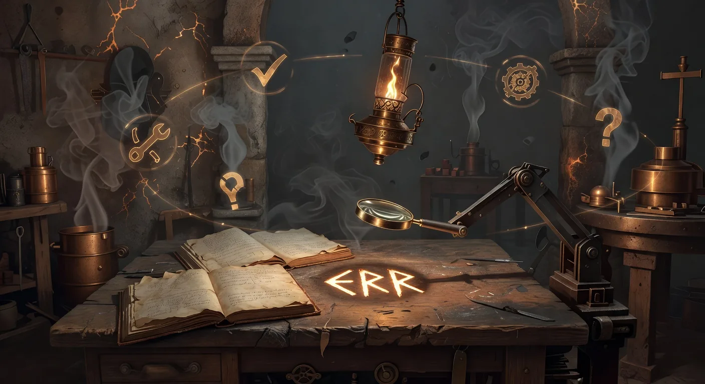 Dark forge watchtower with amber sentinel eyes scanning a walled city of code architecture, guardian shields with rune symbols floating in the night sky