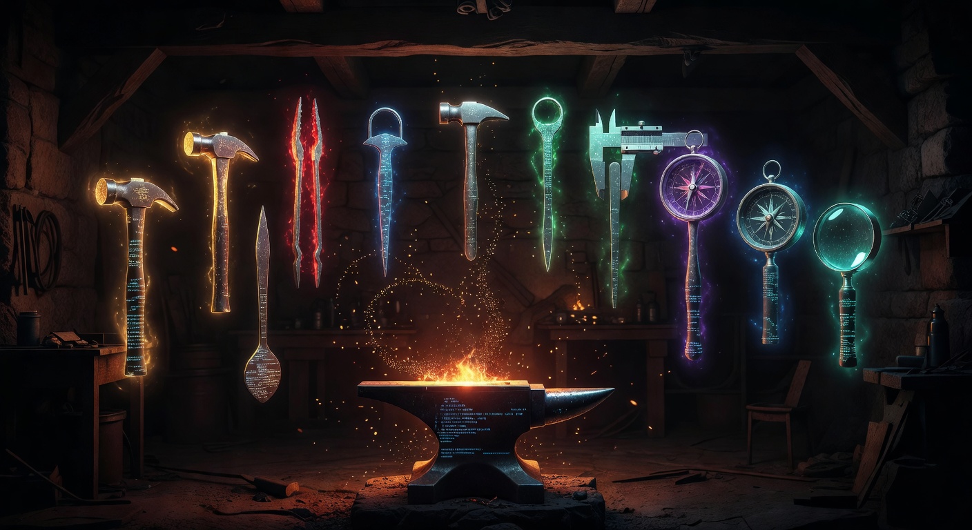 14 floating forge tools with colored auras arranged around a glowing amber anvil in a dark workshop