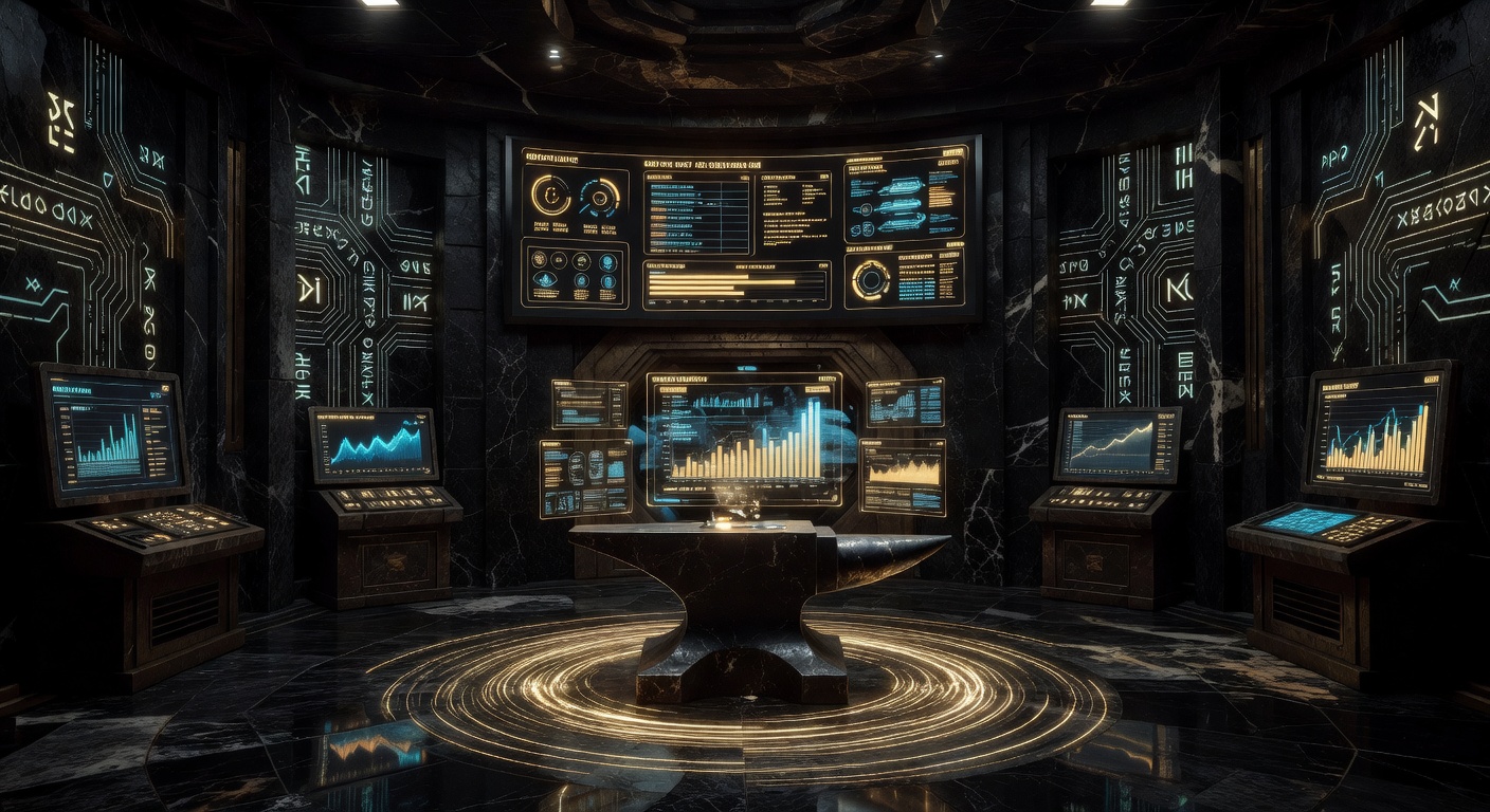 Forge control room with curved screens showing health gauges and holographic displays above an anvil console