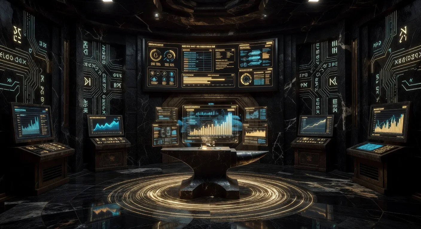 Forge control room with curved screens showing health gauges and holographic displays above an anvil console