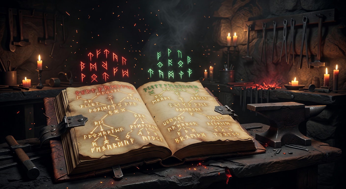 Open spell book on a forge workbench with glowing amber pages, red and green runes floating above, anvil beside it