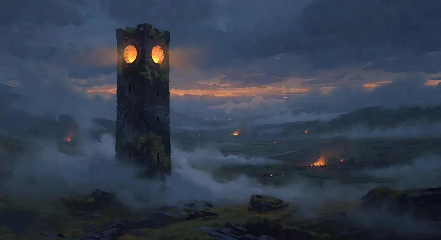 Tall stone watchtower at dusk with amber lantern-eyes scanning a foggy valley dotted with distant forge fires, read-only observation of other projects' forge runs