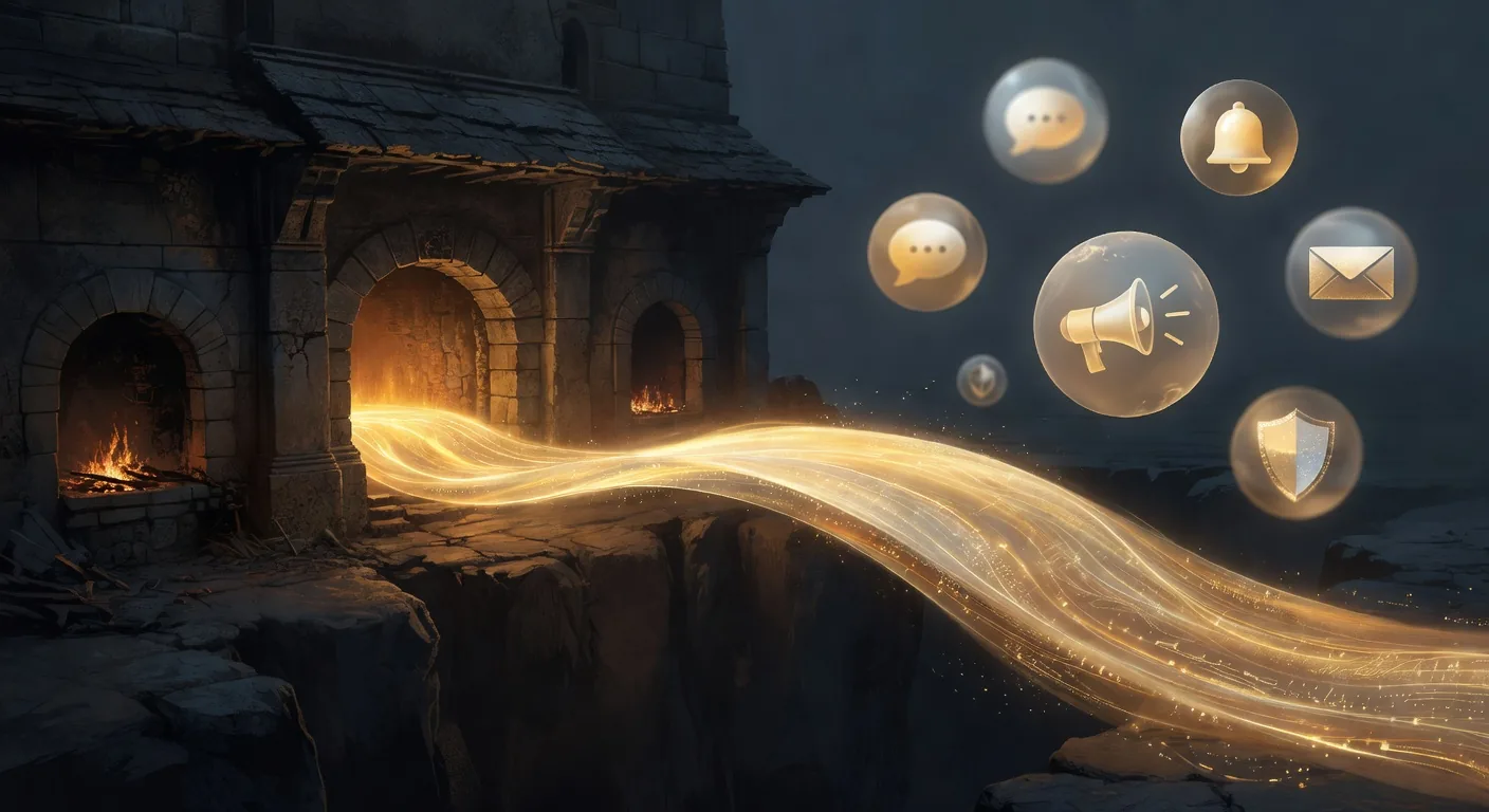 Glowing amber bridge of light connecting a stone forge to a constellation of messaging-icon orbs, the Remote Bridge to Slack, Teams, Telegram, Discord, PagerDuty, OpenClaw