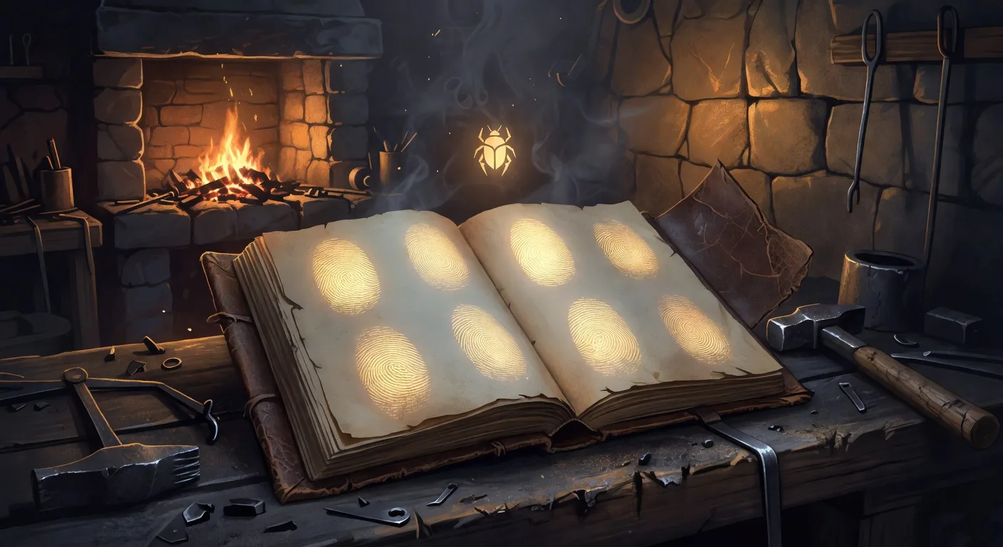 Leather-bound bug registry ledger glowing with unique fingerprint patterns beside each entry, fingerprint-deduplicated closed-loop bug lifecycle