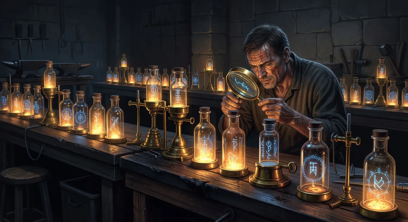 Forge laboratory with brass test fixtures and glass vials each holding a glowing micro-blueprint, scenario replay against a dedicated fixture repo