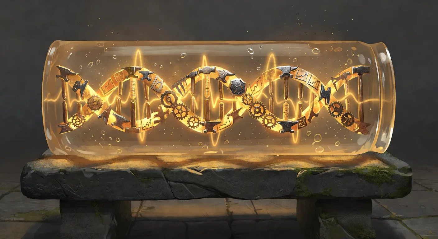 Glowing golden DNA double-helix made of forge-glyphs (gauges, hammers, shields, gears) inside a translucent crystal vial, the Health DNA composite fingerprint