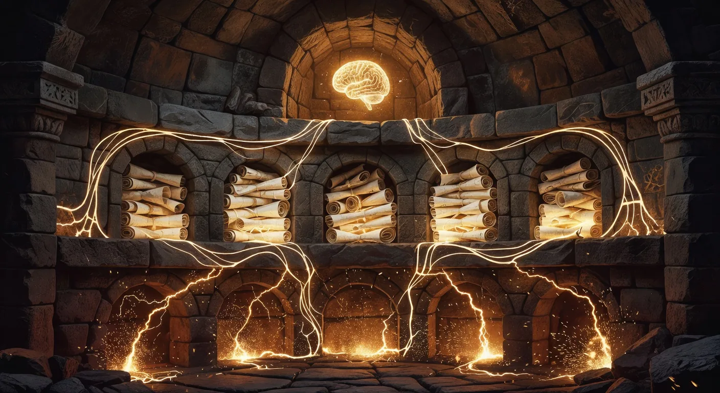 Three-tier vault: amber sparks (hub events), glowing scrolls (file artifacts), radiant golden brain-orb (semantic memory), the three-tier memory architecture