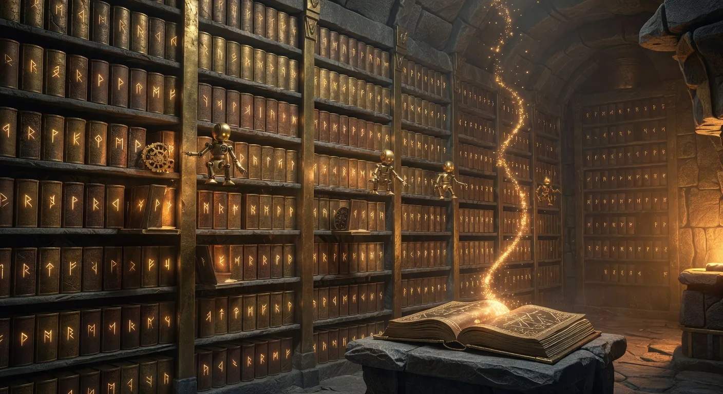 A vast bronze-lined memory vault inside a stone forge chamber with tall shelves of small leather-bound notebooks tagged with glowing amber runes; small enchanted brass automatons file and pull notebooks while an open ornate ledger in the foreground emits a stream of softly glowing amber sparks rising upward