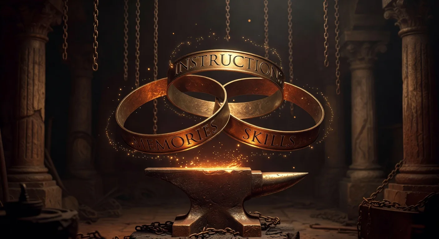Three interlocking bronze rings labeled INSTRUCTIONS, MEMORIES, and SKILLS hovering above a glowing forge anvil with amber sparks orbiting where the rings overlap