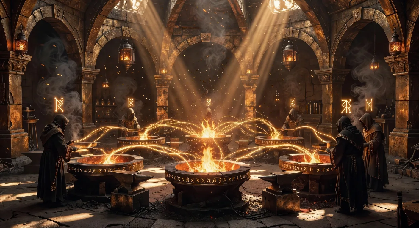 A vast bronze great hall with five forges arranged in a semicircle, each tended by a hooded smith with a glowing rune overhead, threads of amber light connecting their anvils into a knowledge-sharing web