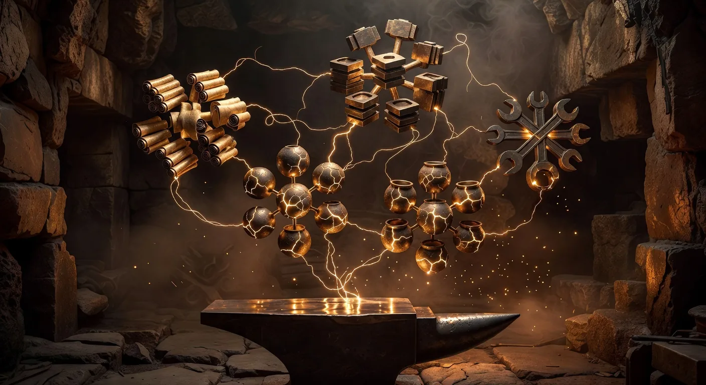 A floating 3D constellation of glowing bronze nodes connected by amber light edges suspended in a stone forge chamber, with node clusters shaped like scrolls, hammers, vessels, and crossed wrenches representing Phase, Slice, Bug, and Commit nodes
