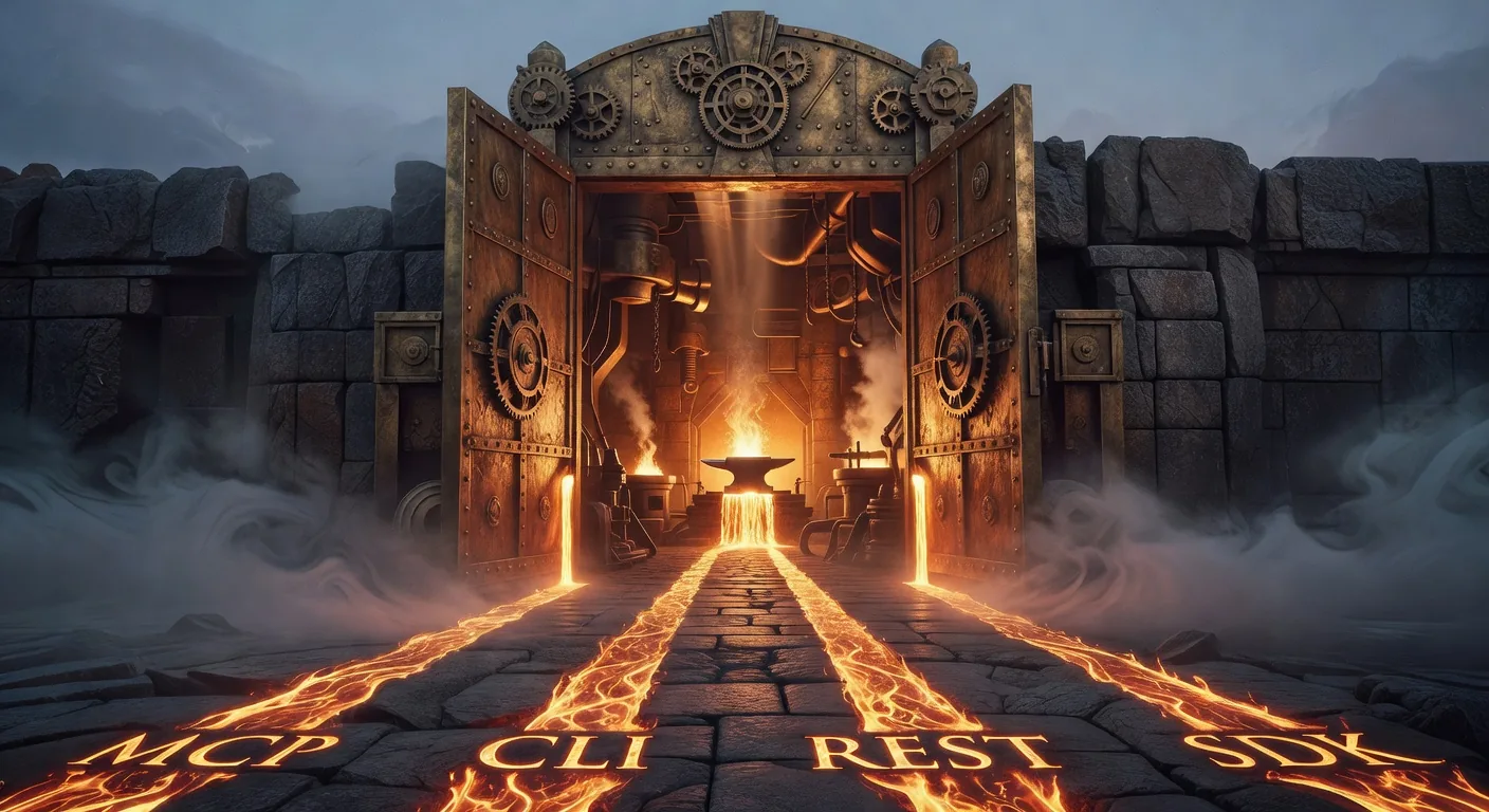 A massive bronze gateway in a stone wall opening from a misty exterior into a brightly-lit forge interior, with four glowing amber paths labeled MCP, CLI, REST, and SDK converging toward the threshold and pouring their light into the forge beyond