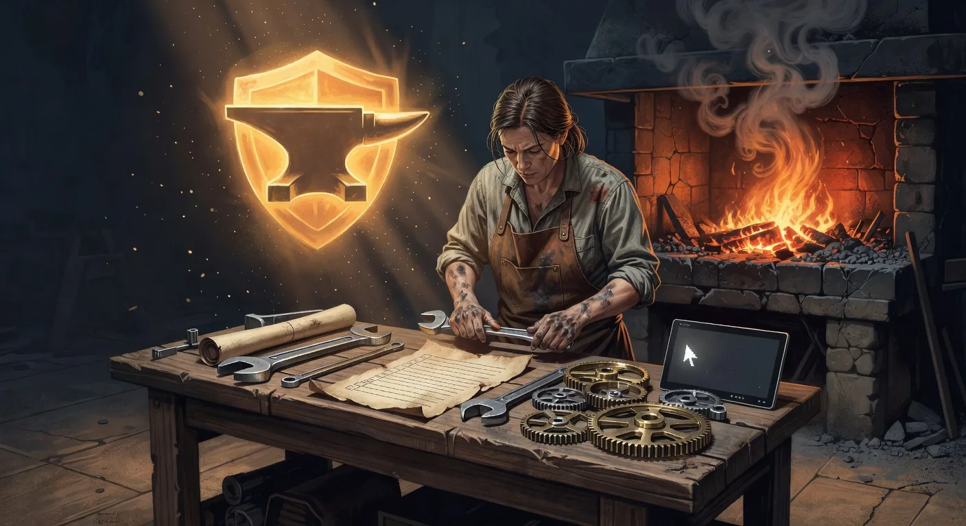 Plan Forge installation workshop, craftsperson setting up tools at a wooden workbench under the Plan Forge anvil emblem