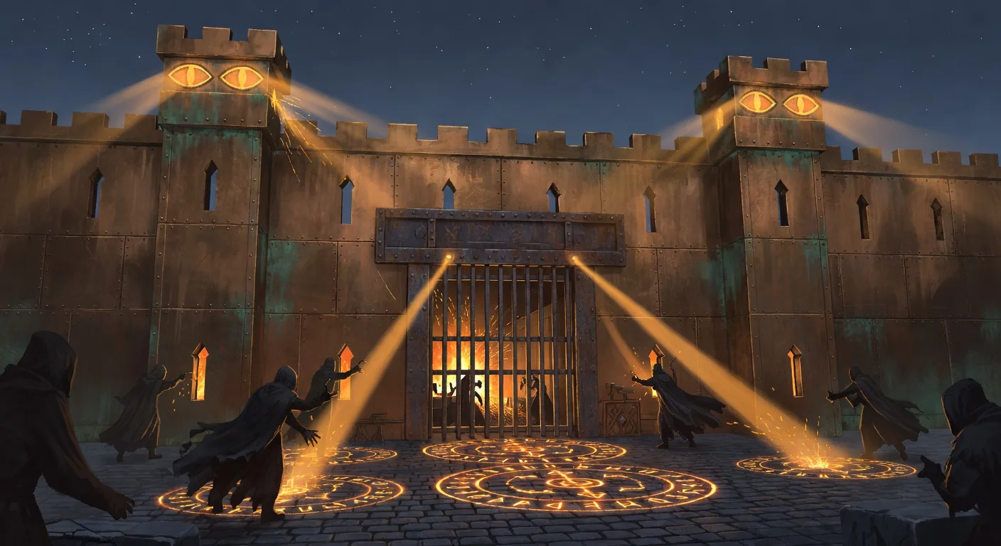 A bronze-clad fortress wall of the Plan Forge shop at twilight, twin watchtowers with glowing amber rune-eyes scanning the perimeter, an iron portcullis lowered over the main forge gate, concentric defensive rune circles burning into the cobblestones, hooded threat-actor figures probing the wall and being repelled by beams of amber light, the warm forge interior glimpsed through high arrow slits