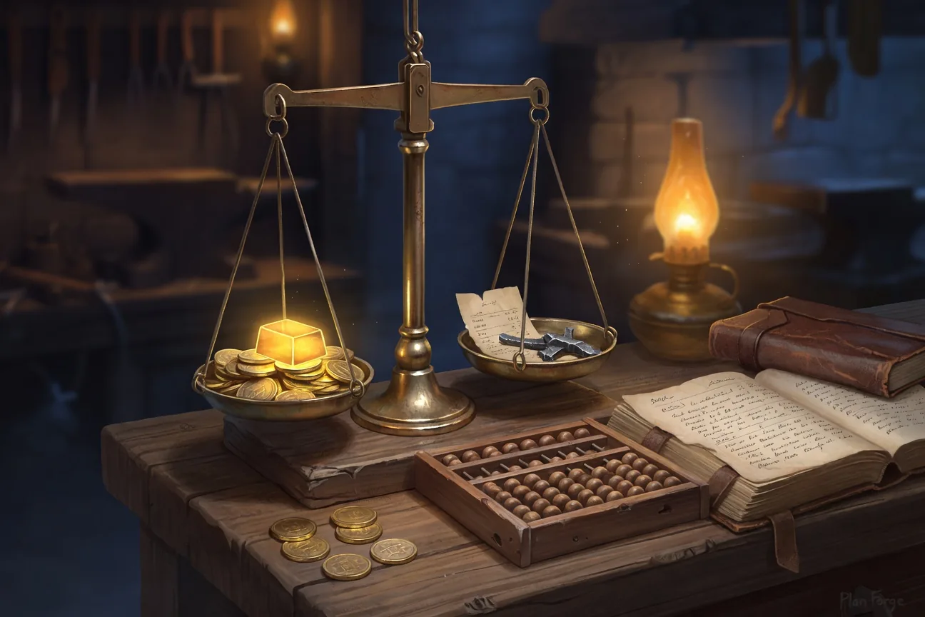 A glowing brass balance scale on the workbench at the Plan Forge shop, one pan stacked with gold coins and a softly glowing amber ingot, the other pan balanced with a small parchment receipt and a tiny finished iron piece, a wooden abacus and an open leather ledger book to the side