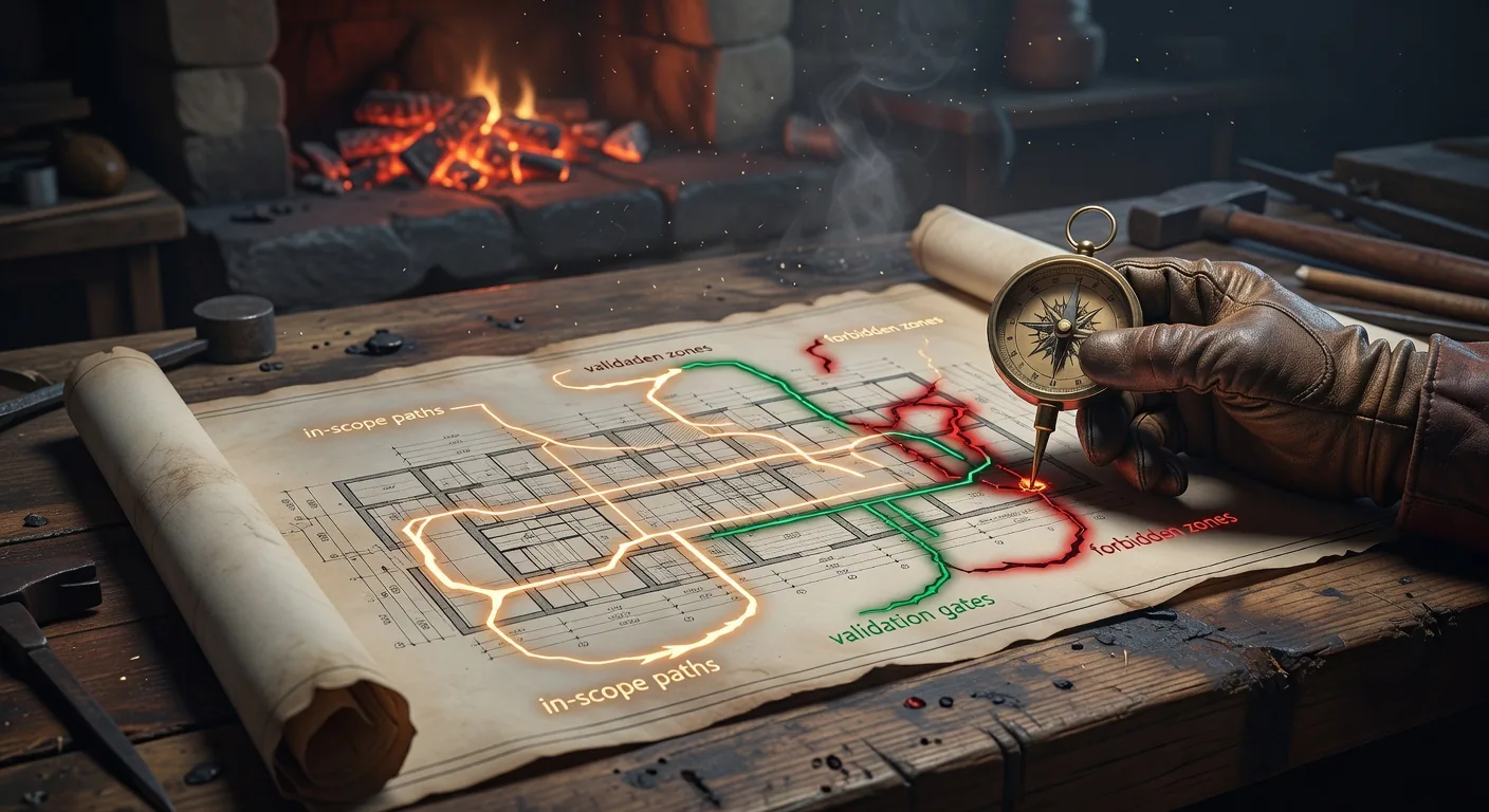 Architect's blueprint scroll with glowing scope (amber), validation gate (green), and forbidden zone (red) annotations, a brass compass marks a key boundary