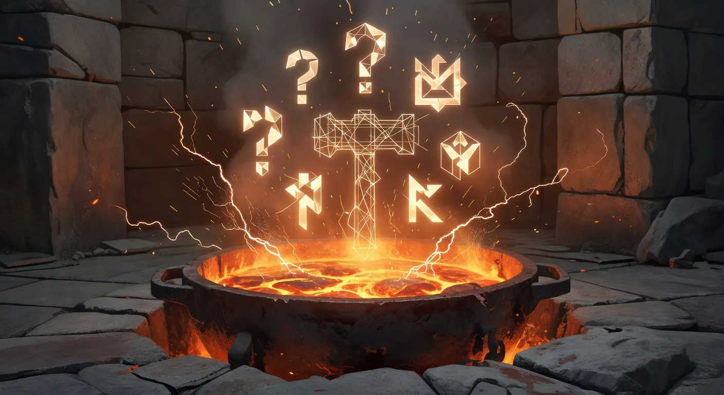 Fiery crucible smelter with question-mark glyphs crystallizing into a blueprint shape, the idea-smelting station