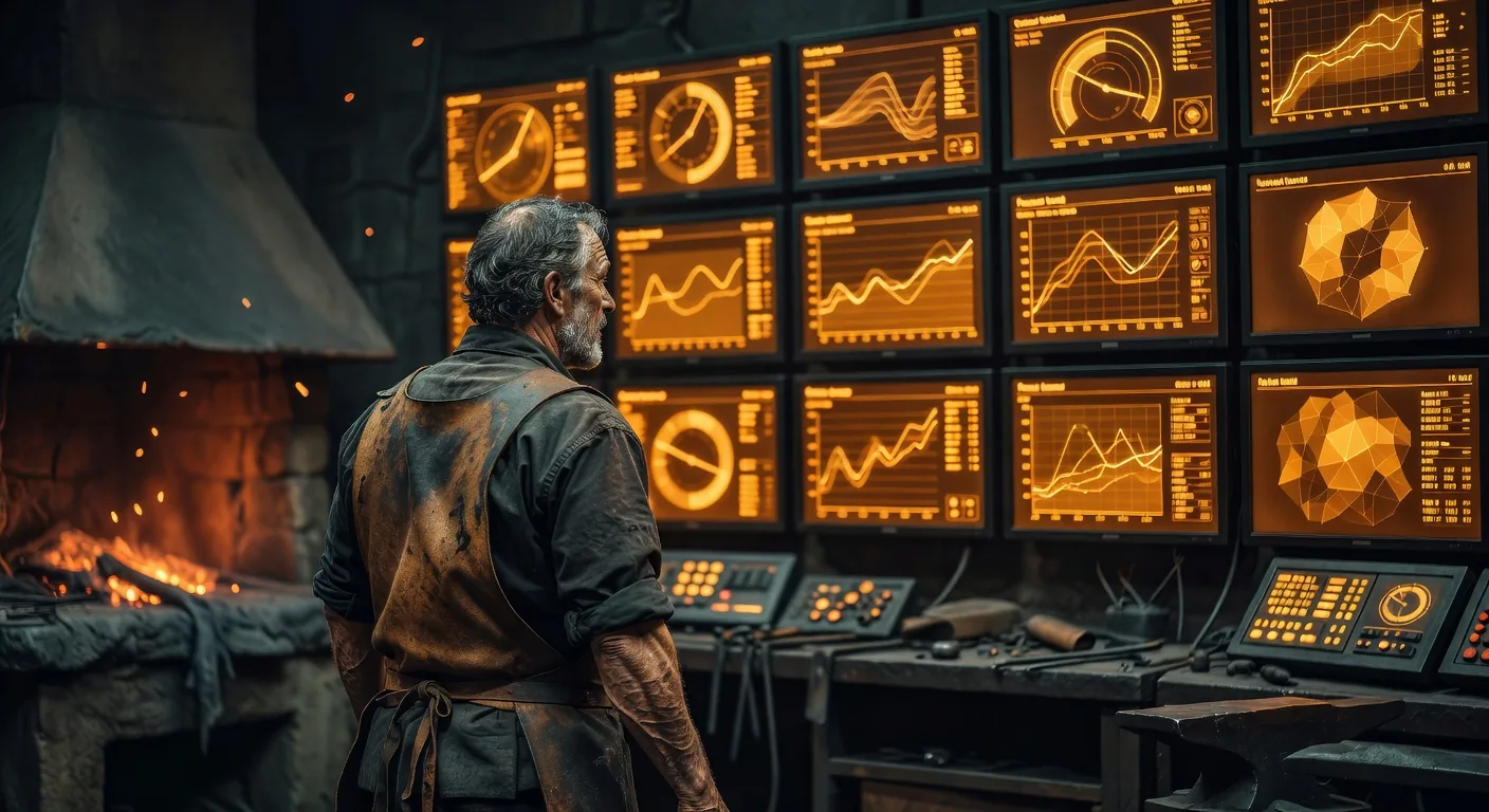 Master smith at the dashboard control room, wall of glowing amber screens showing live gauges, charts, and status lights