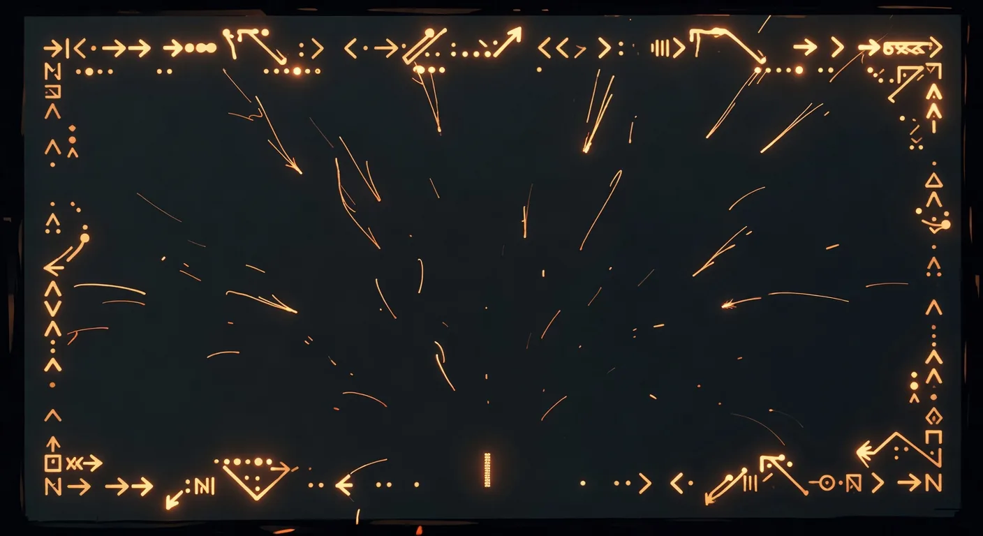 Hacker's terminal screen with glowing amber command glyphs and forge-spark effects on a slate-black background