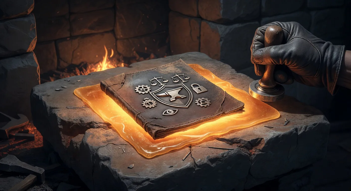 Project crest seal pressed into glowing amber wax, customization as branding the forge with your project's emblem