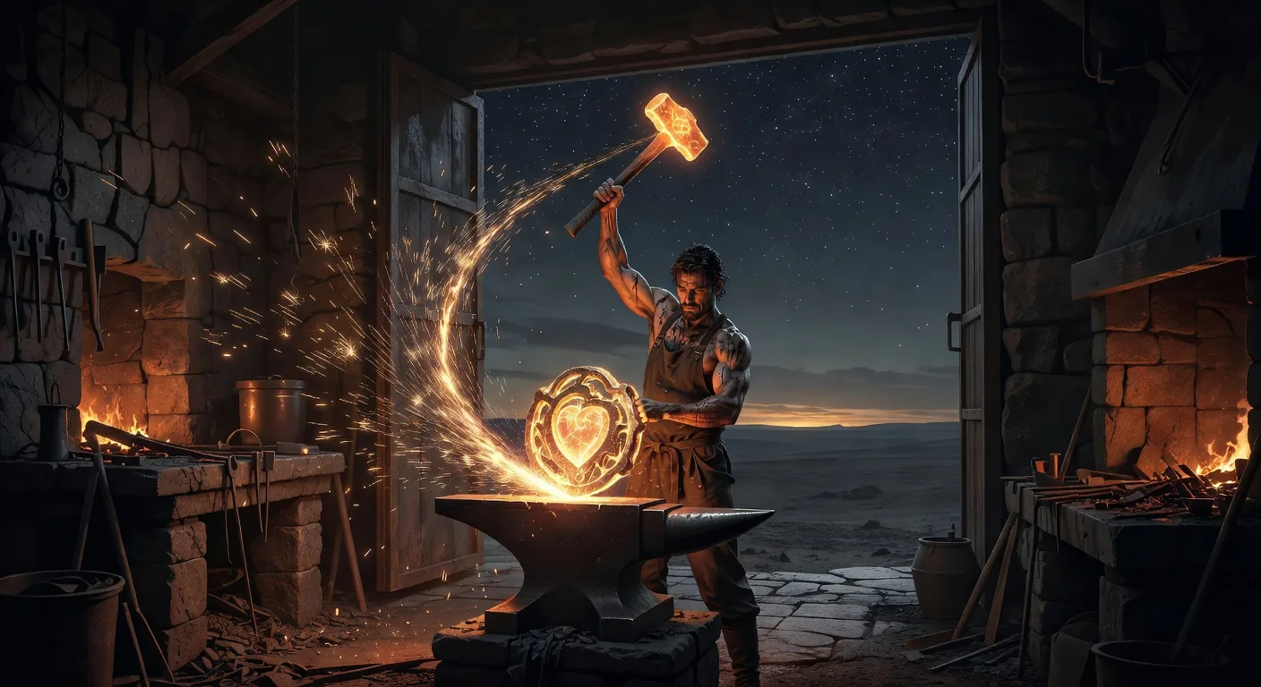A blacksmith mid-strike at the anvil with hammer raised, sparks arcing in a glowing trail from a heart-shaped finished piece on the anvil, the workshop doors thrown open behind him revealing a starlit night sky and distant horizon, twin banks of forge fires flanking the scene on either side