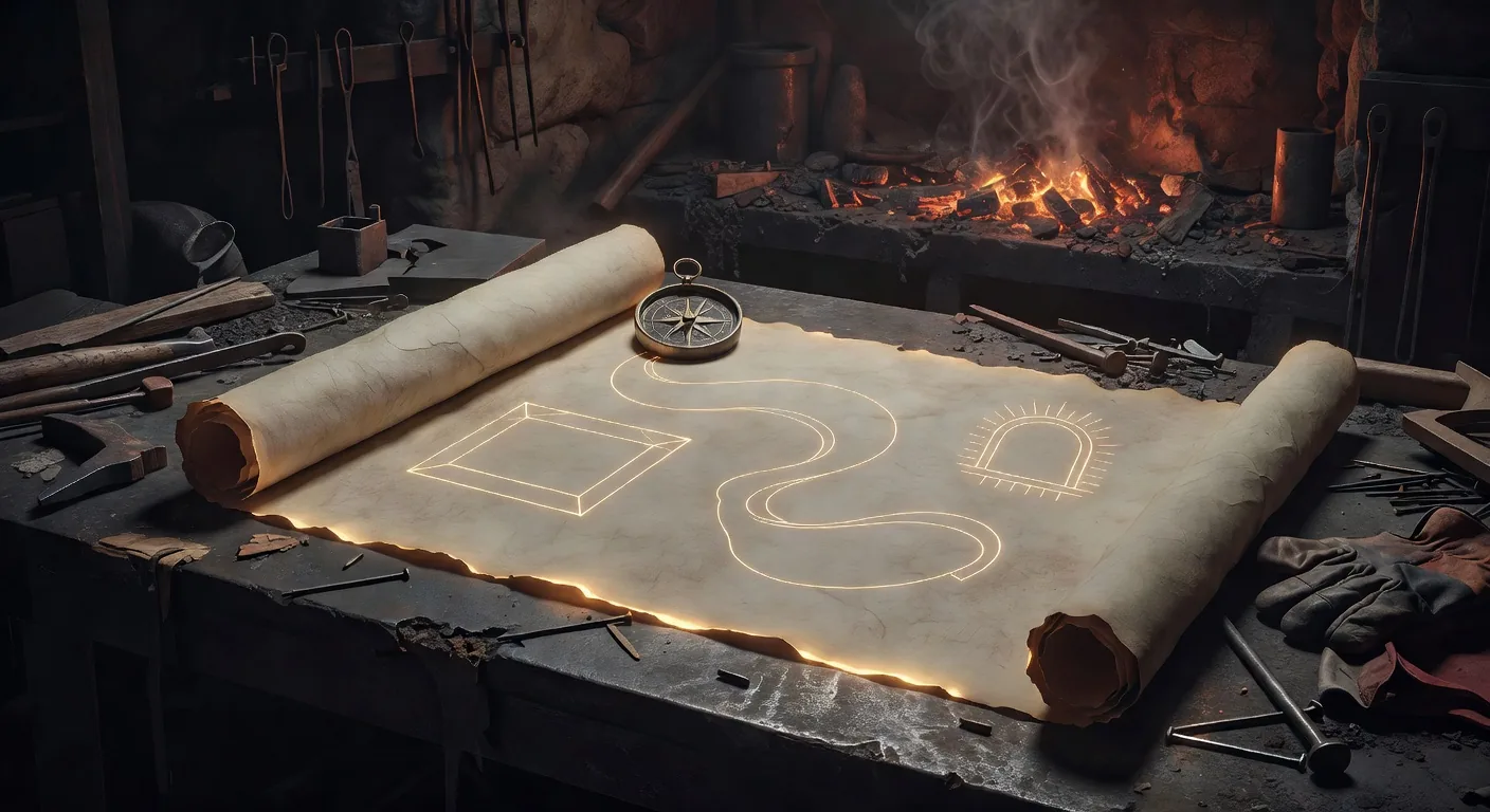 A long parchment scroll unrolled on the forge workbench, glowing rune lines tracing a winding path between three milestone shapes (a flat plate, a curve, and a small archway), an antique brass compass set at the top of the scroll, hammers and tools scattered around, the forge fire glowing warmly in the background